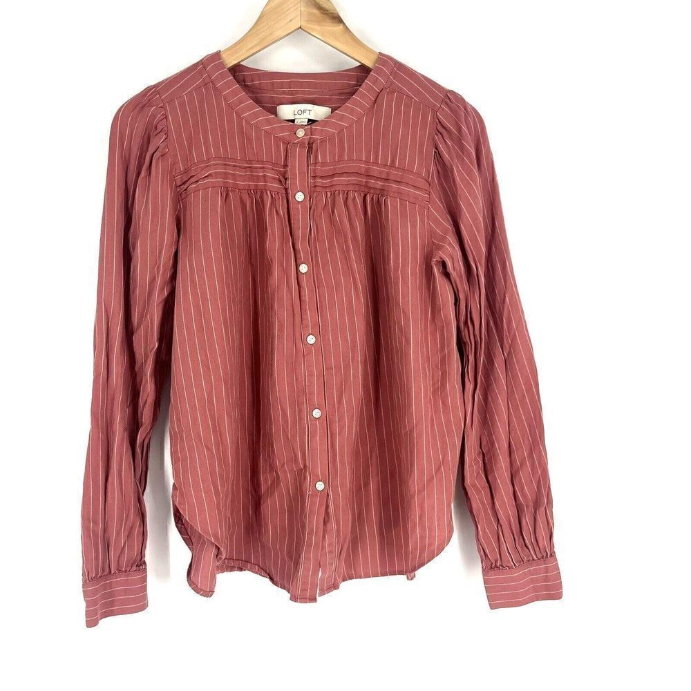 Loft Top Size Small Womens Pink Button Down Striped Pleated Blouse Puff Sleeve